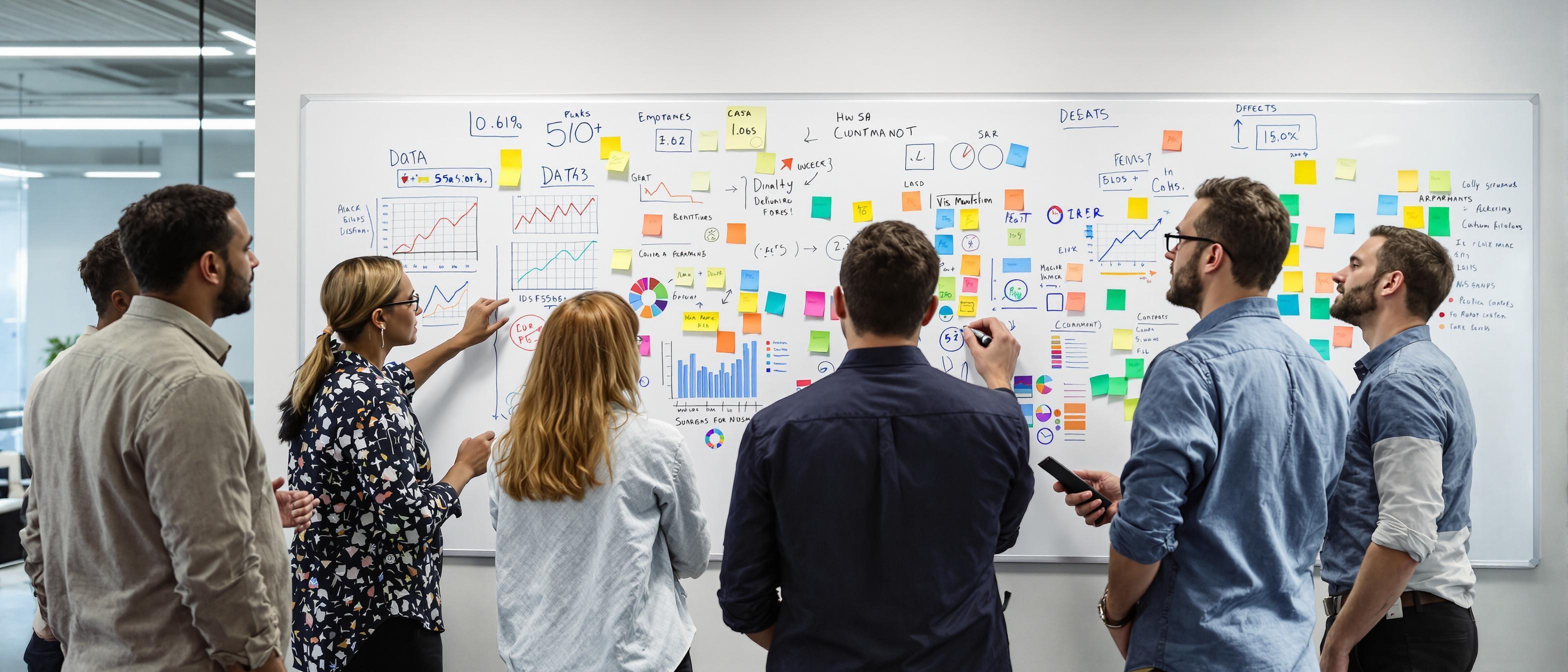 A group of professionals engaged in a collaborative discussion around a whiteboard filled with data visualizations in a modern office setting.