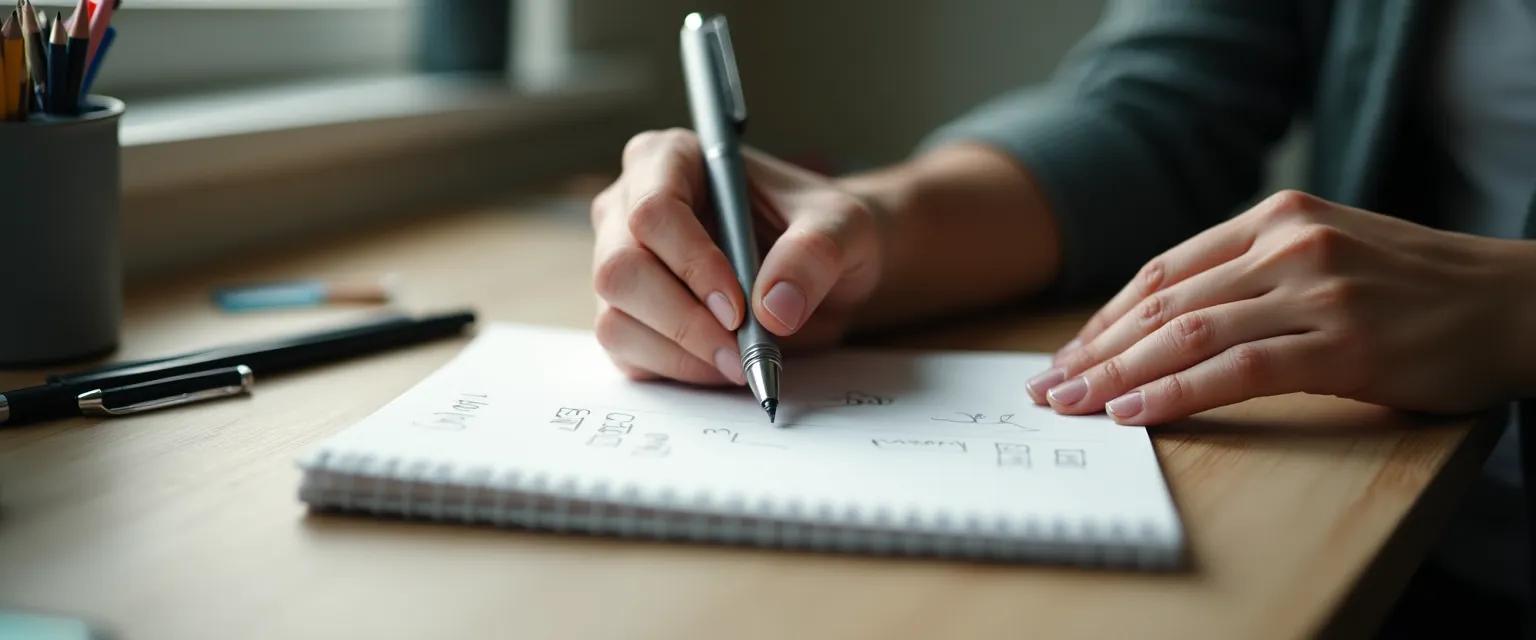 A hand writing in a notepad surrounded by pens and stationary, illuminated by soft window light.