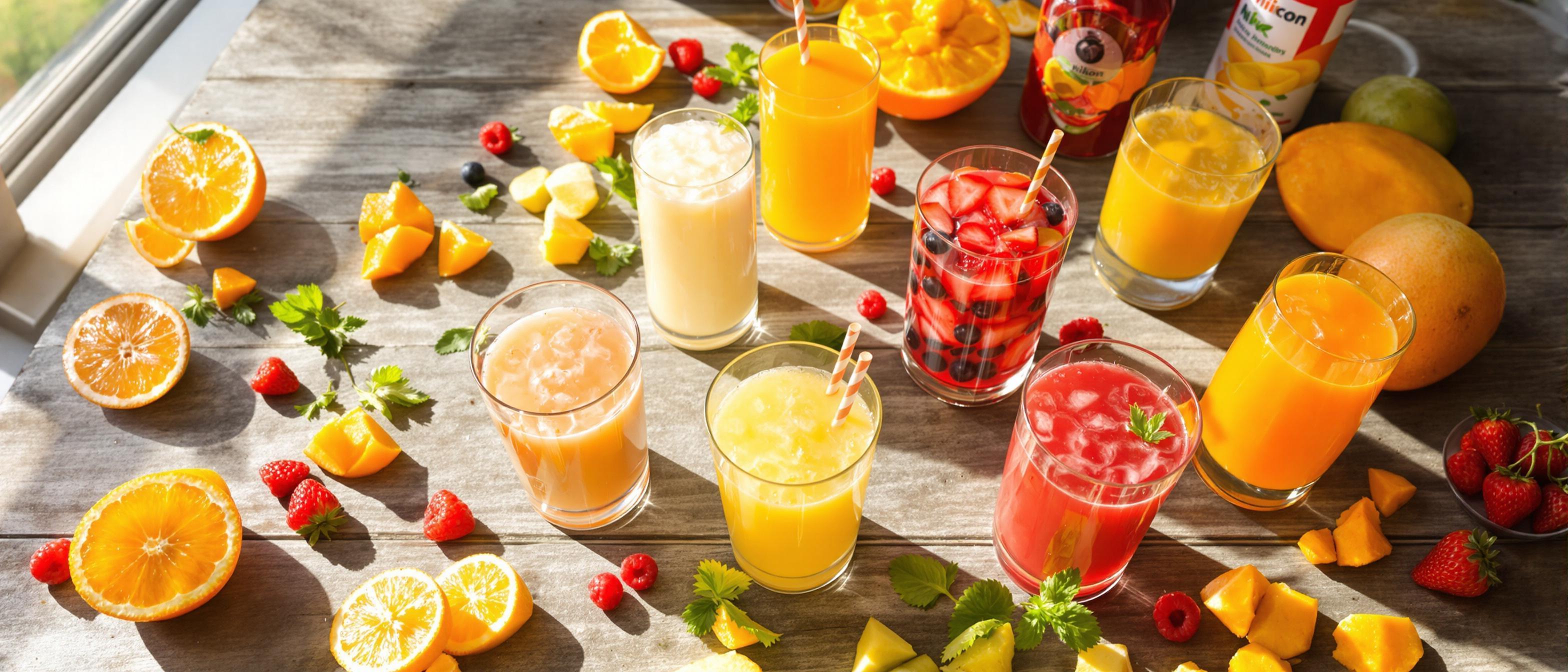 Various juice logos showcasing different design styles and colors.