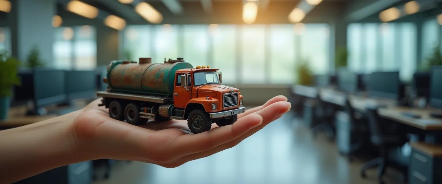 A person holds a miniature oil truck in their hand with an office setting blurred in the background.